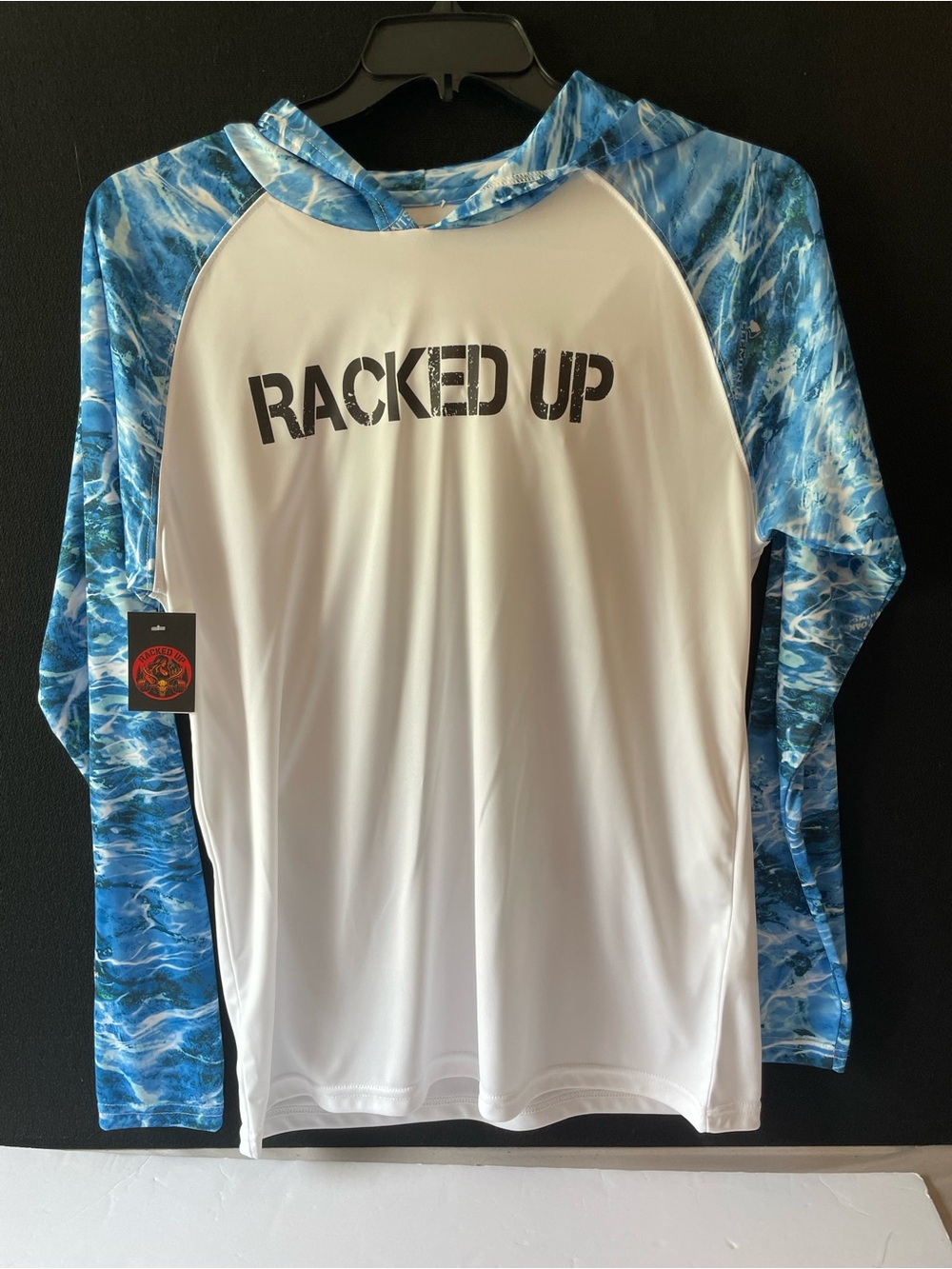 Racked Up Men’s White & Blue Fishing Hoodie. NWT